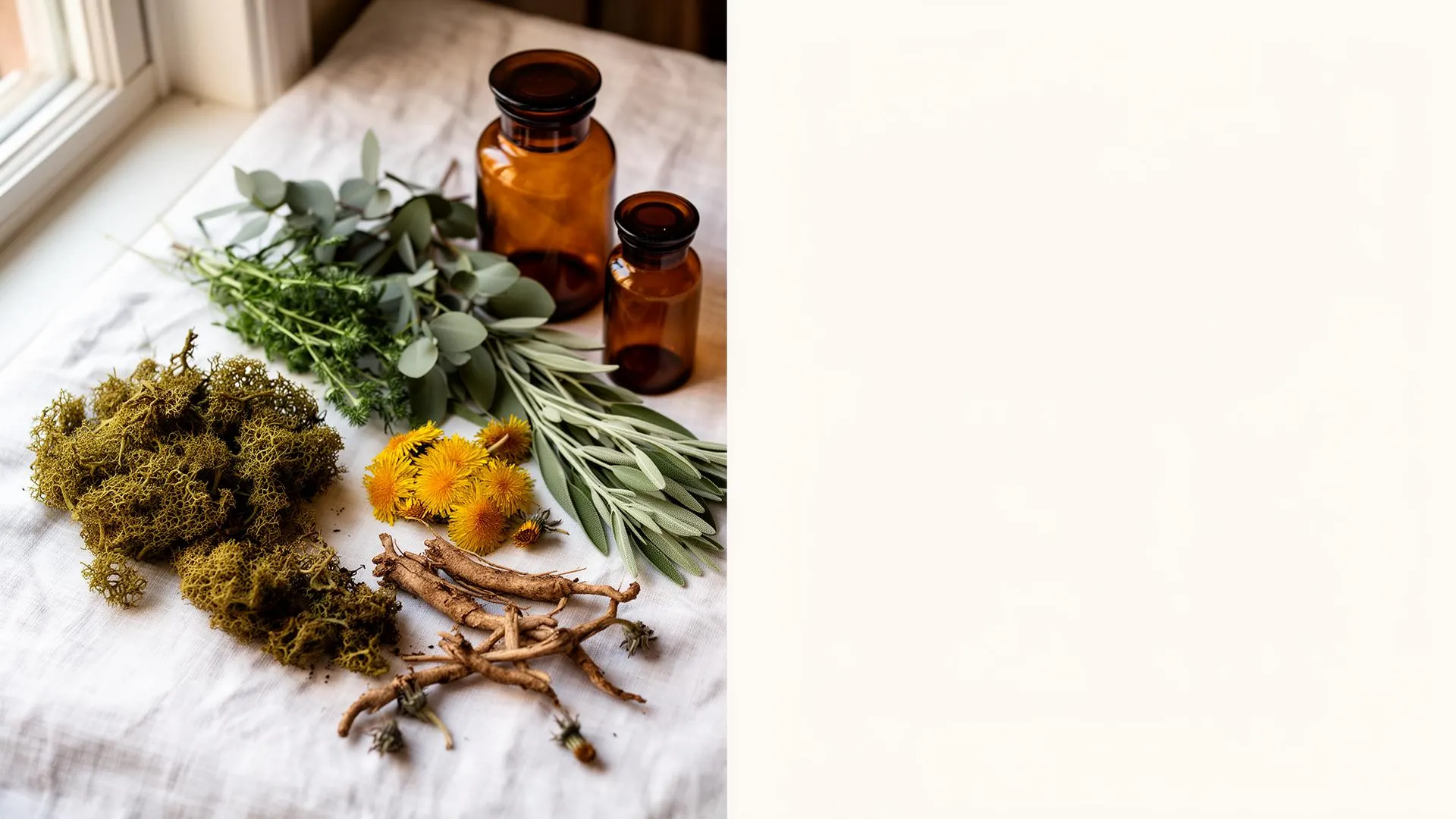 Wild herbs and amber jars on linen